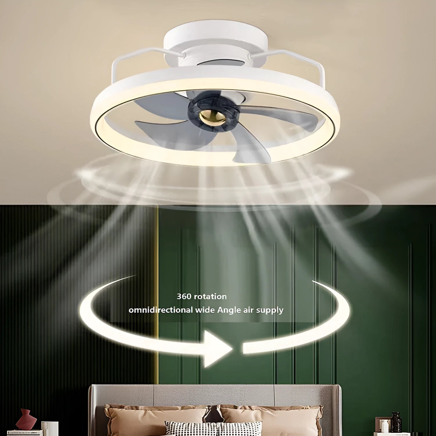 Modern overhead ceiling fan with integrated light showing 500mm diameter design with PC blades and acrylic lampshade