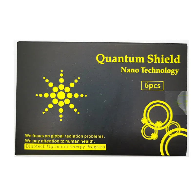 Pack of six gold and silver anti-radiation mobile phone stickers on a white background.