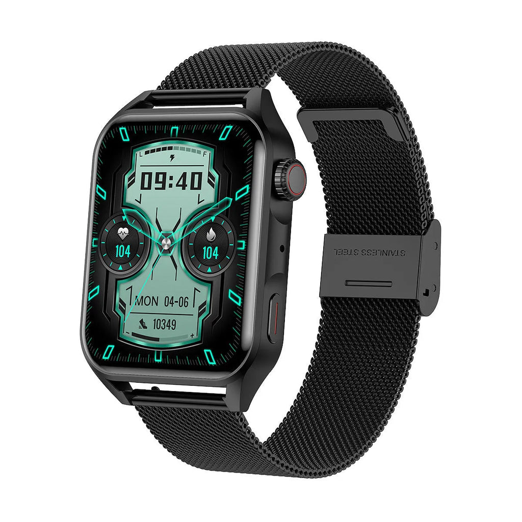 Pink smart watch with HD AMOLED screen and silicone strap on a wrist, showing a custom watch face dial.