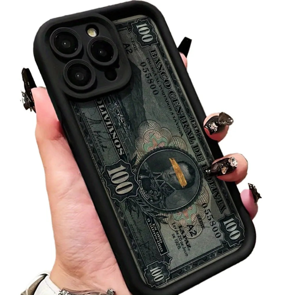 Black silicone phone case with dollar bill illustration for Apple iPhone, airbag anti-fall corners