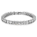 Men's silver alloy chain link bracelet with a single row of clear rhinestones on a black background.