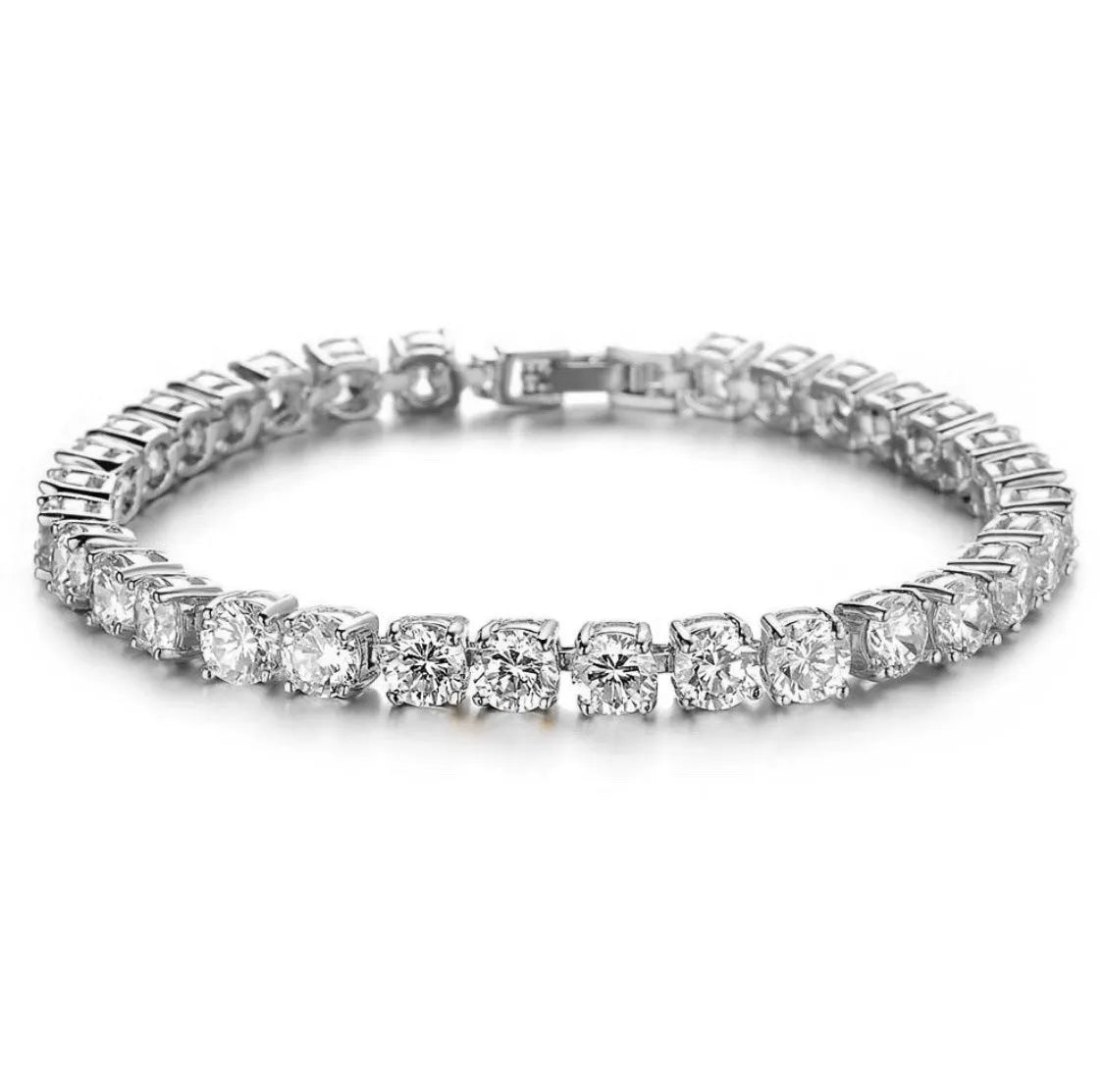 Men's silver alloy chain link bracelet with a single row of clear rhinestones on a black background.