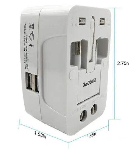 Universal travel plug adapter for multi-country device charging with compact 73x50x39mm dimensions