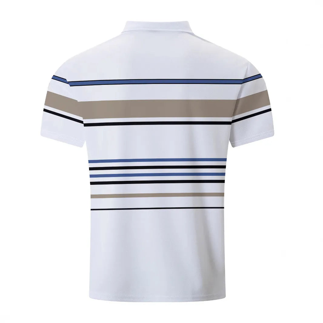 Men's white striped short sleeve polyester t-shirt laid flat showing slim fit style