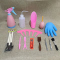 Succulent gardening tool set showing watering can, mini shovel, rake, tweezers, and small brush for plant care.