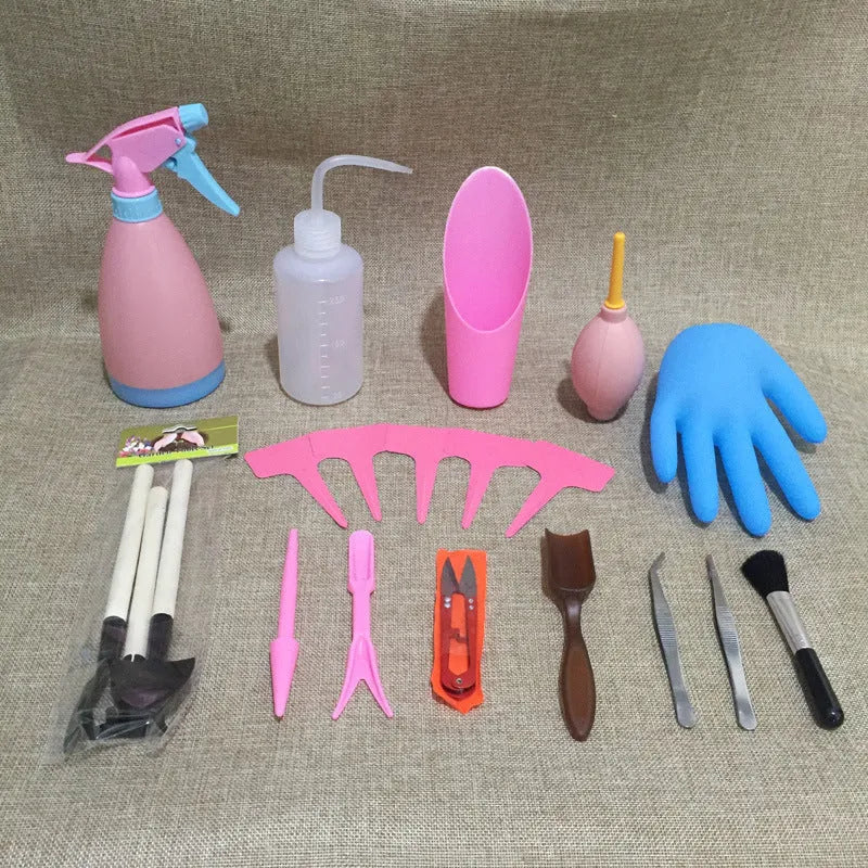 Succulent gardening tool set showing watering can, mini shovel, rake, tweezers, and small brush for plant care.