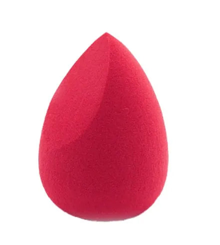 Set of seven differently shaped coloured makeup sponges including pear, heart, and drop shapes on a white background.