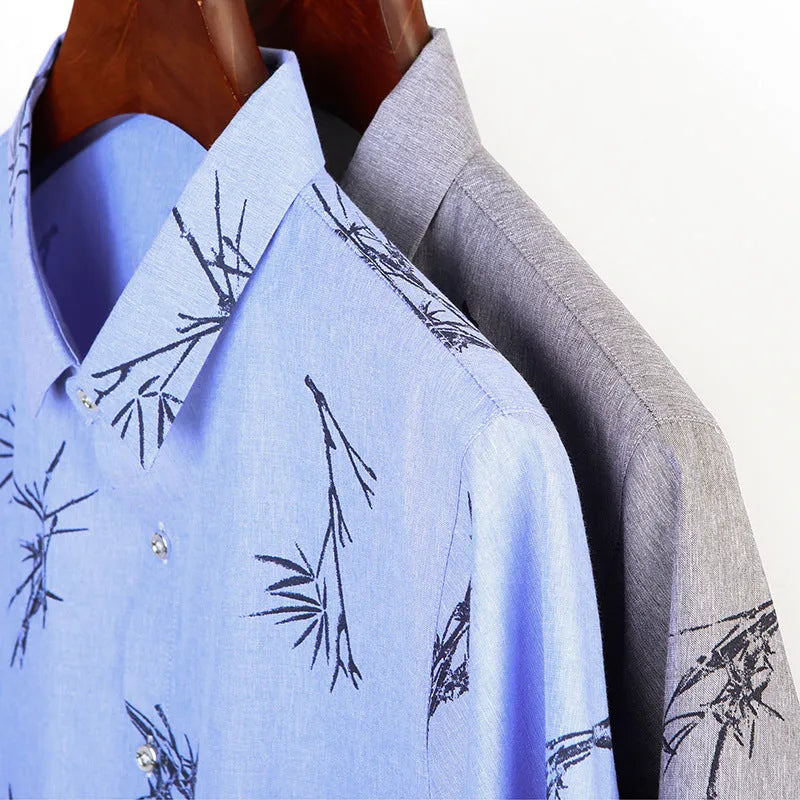 Men's slim fit printed short-sleeve shirt in blue with pointed collar