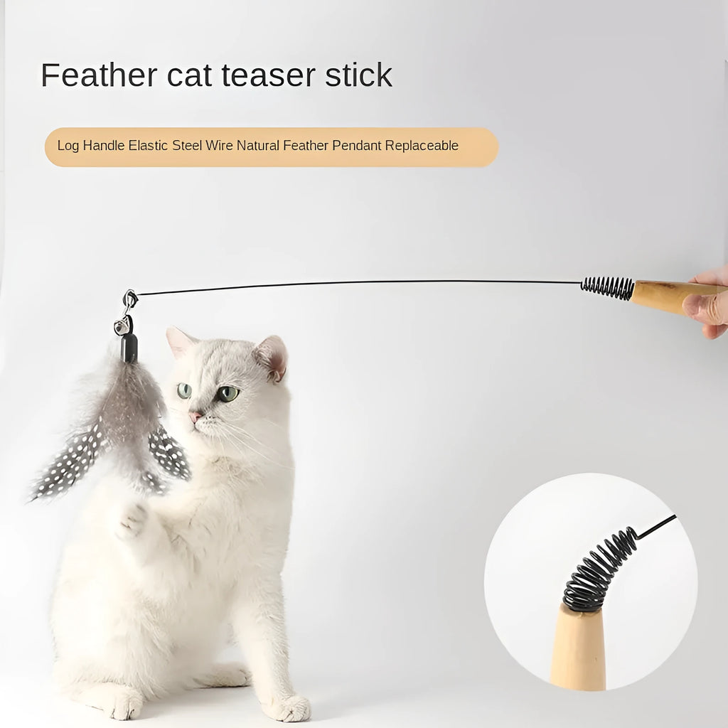 Wooden handle cat teasing stick with feather and bell attachment in one of four colour options