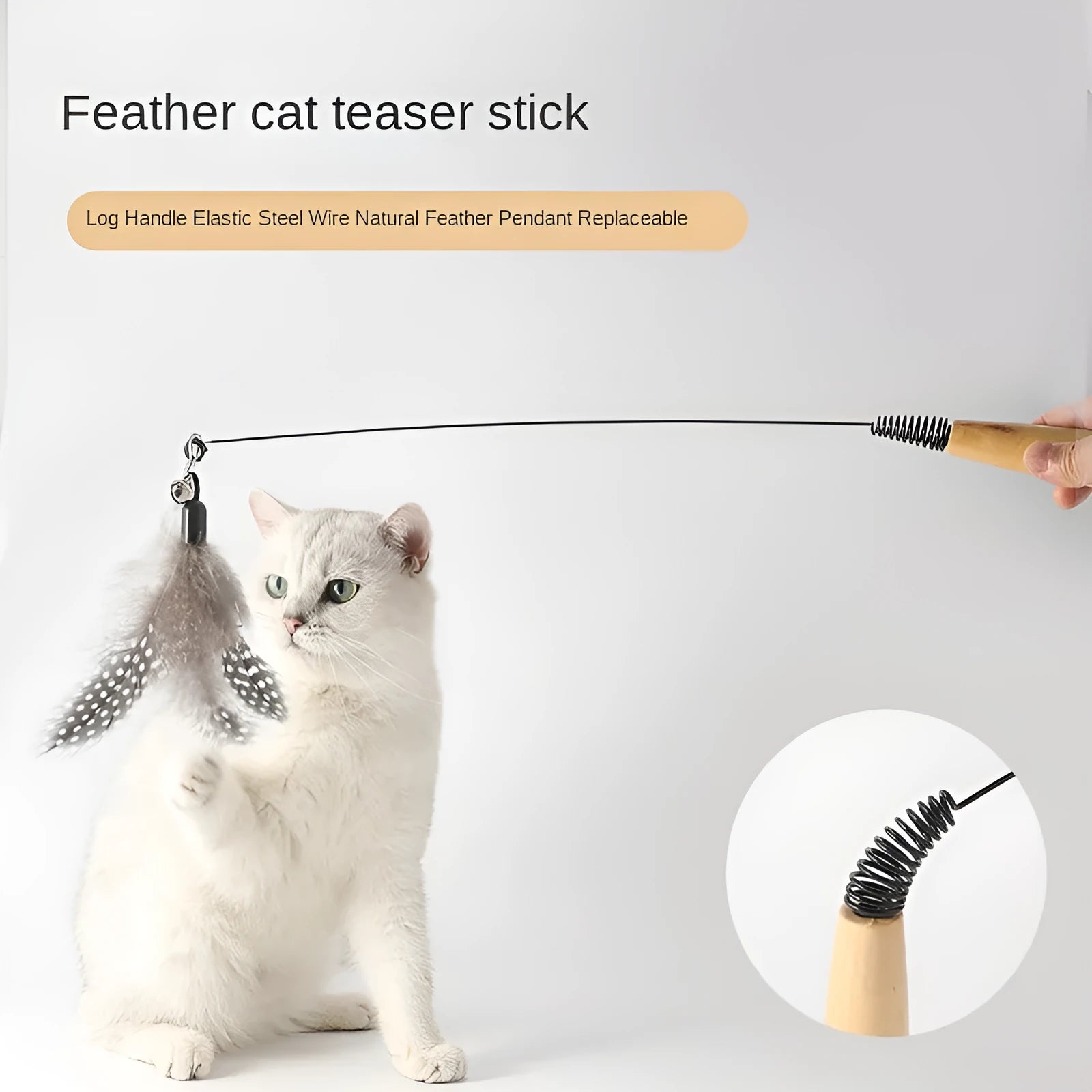 Wooden handle cat teasing stick with feather and bell attachment in one of four colour options