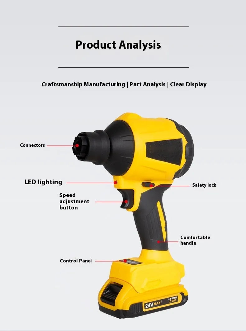 Yellow cordless dust gun with 680W power rating for office and household cleaning applications