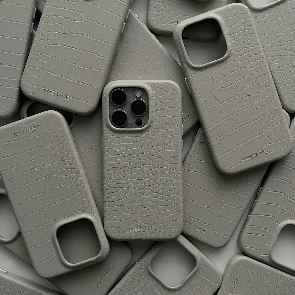 Cream grey patterned faux leather phone case with anti drop protection for iPhone