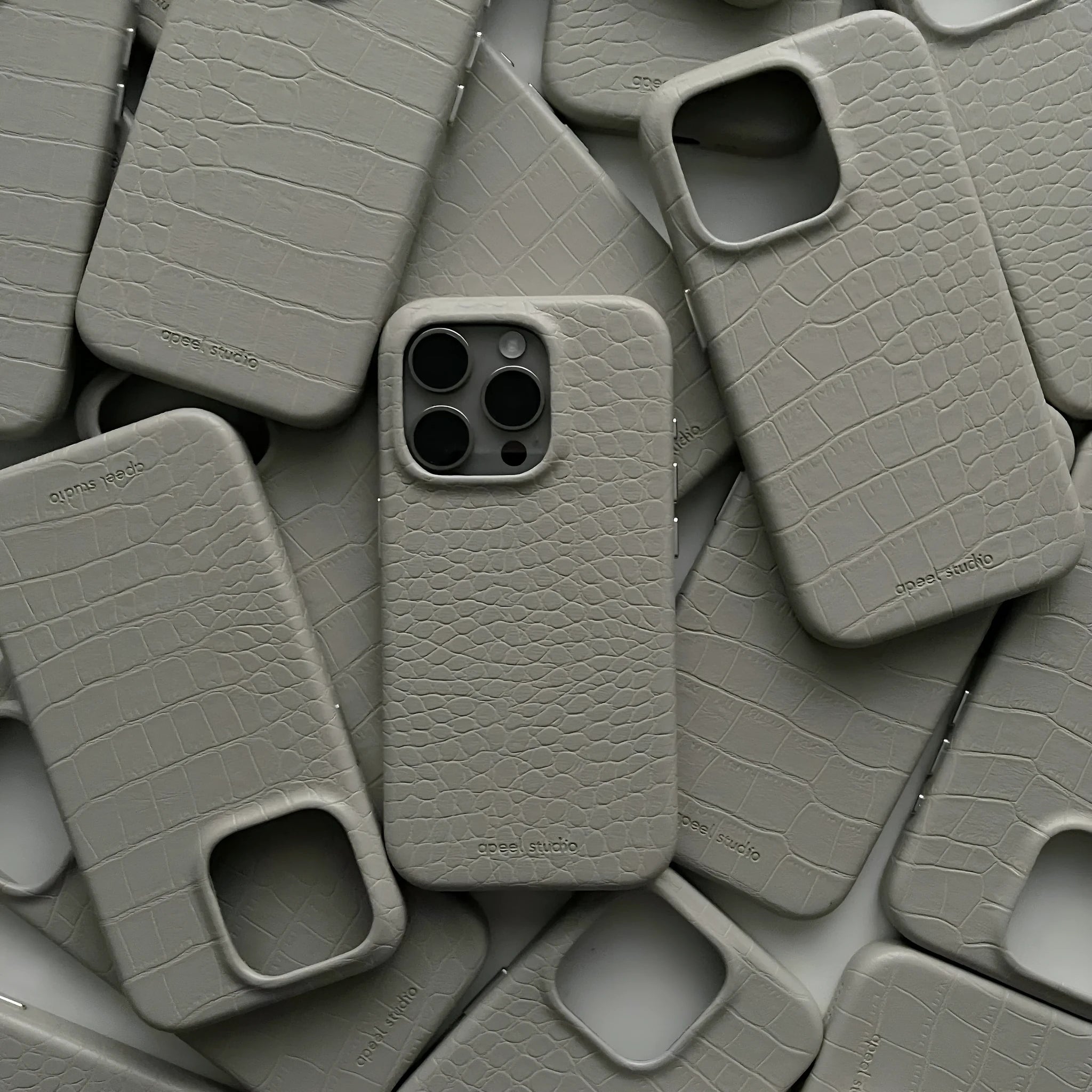 Cream grey patterned faux leather phone case with anti drop protection for iPhone