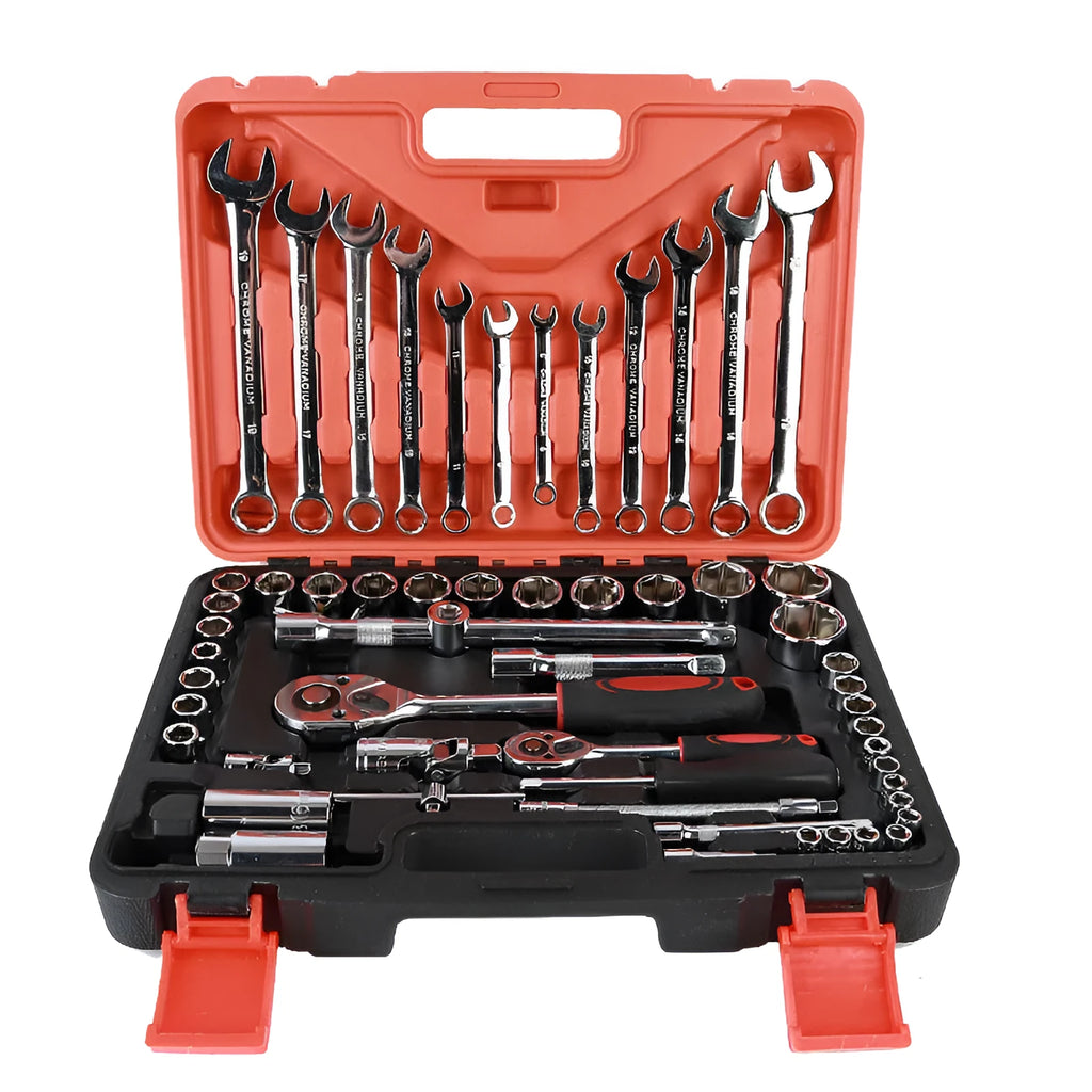 61-piece chrome vanadium steel auto repair socket and wrench set with ratchets displayed on a workbench.