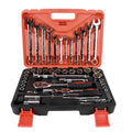 61-piece chrome vanadium steel auto repair socket and wrench set with ratchets displayed on a workbench.