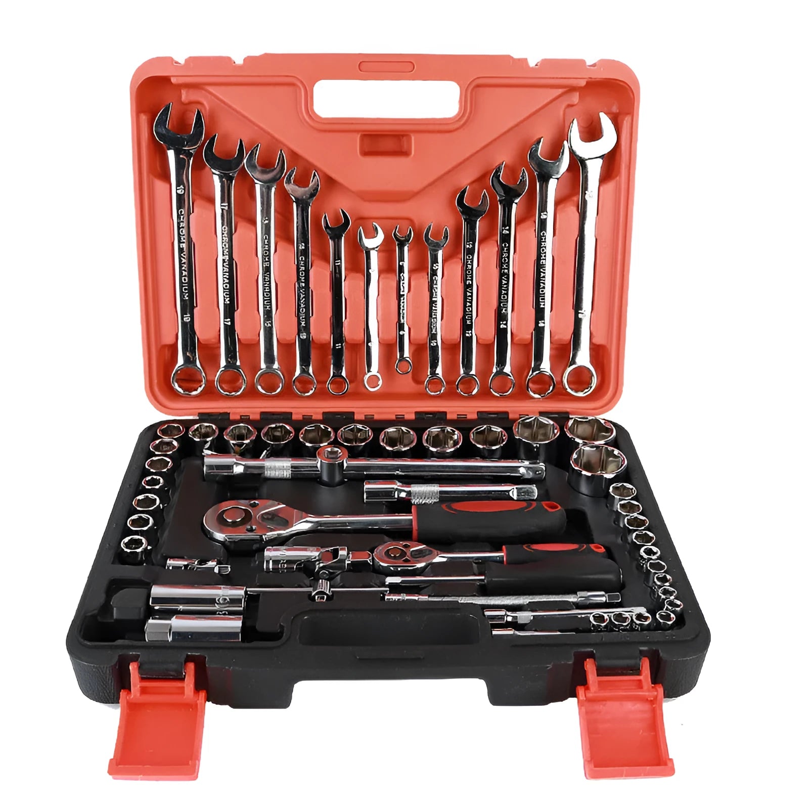 61-piece chrome vanadium steel auto repair socket and wrench set with ratchets displayed on a workbench.
