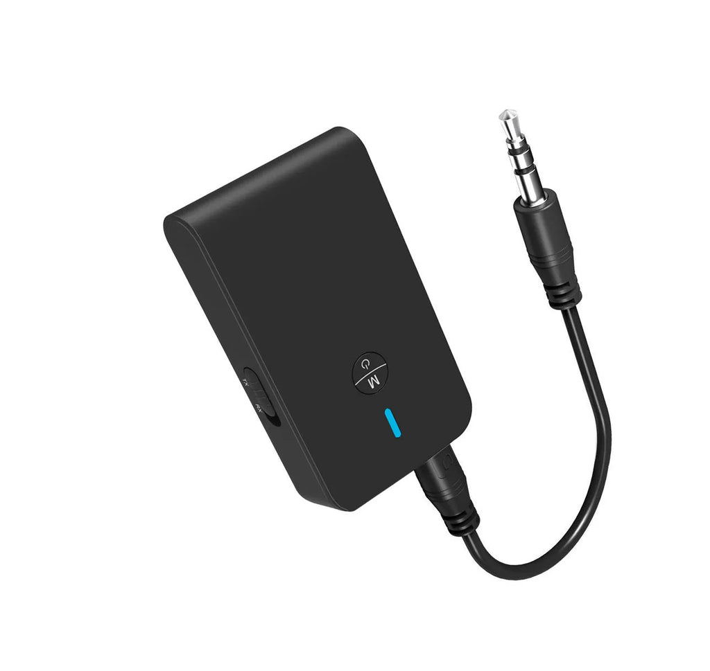 Black Bluetooth audio adapter with 3.5mm AUX plug and external power supply unit