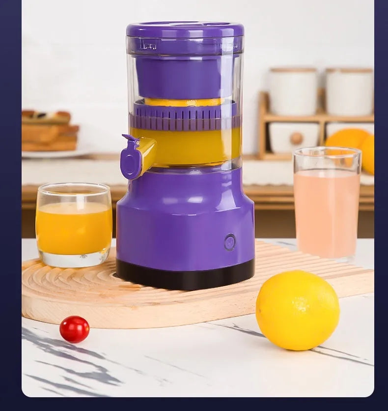 Purple USB rechargeable electric citrus juicer with detachable cone and pulp filter.