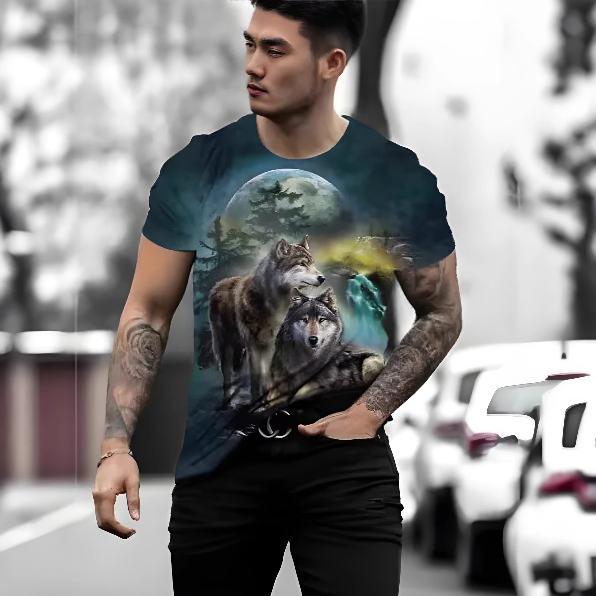 Retro 3D animal print on a men's short-sleeved light blue T-shirt made from polyester bird eye cloth.