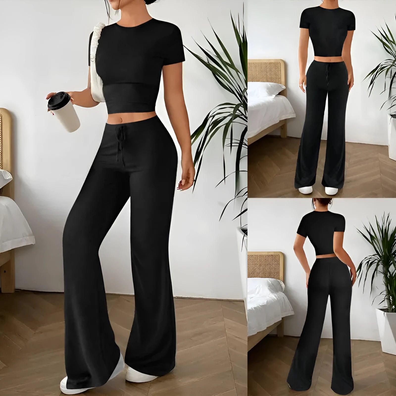 Black women's polyester tracksuit set with short sleeve top and high-waist trousers.