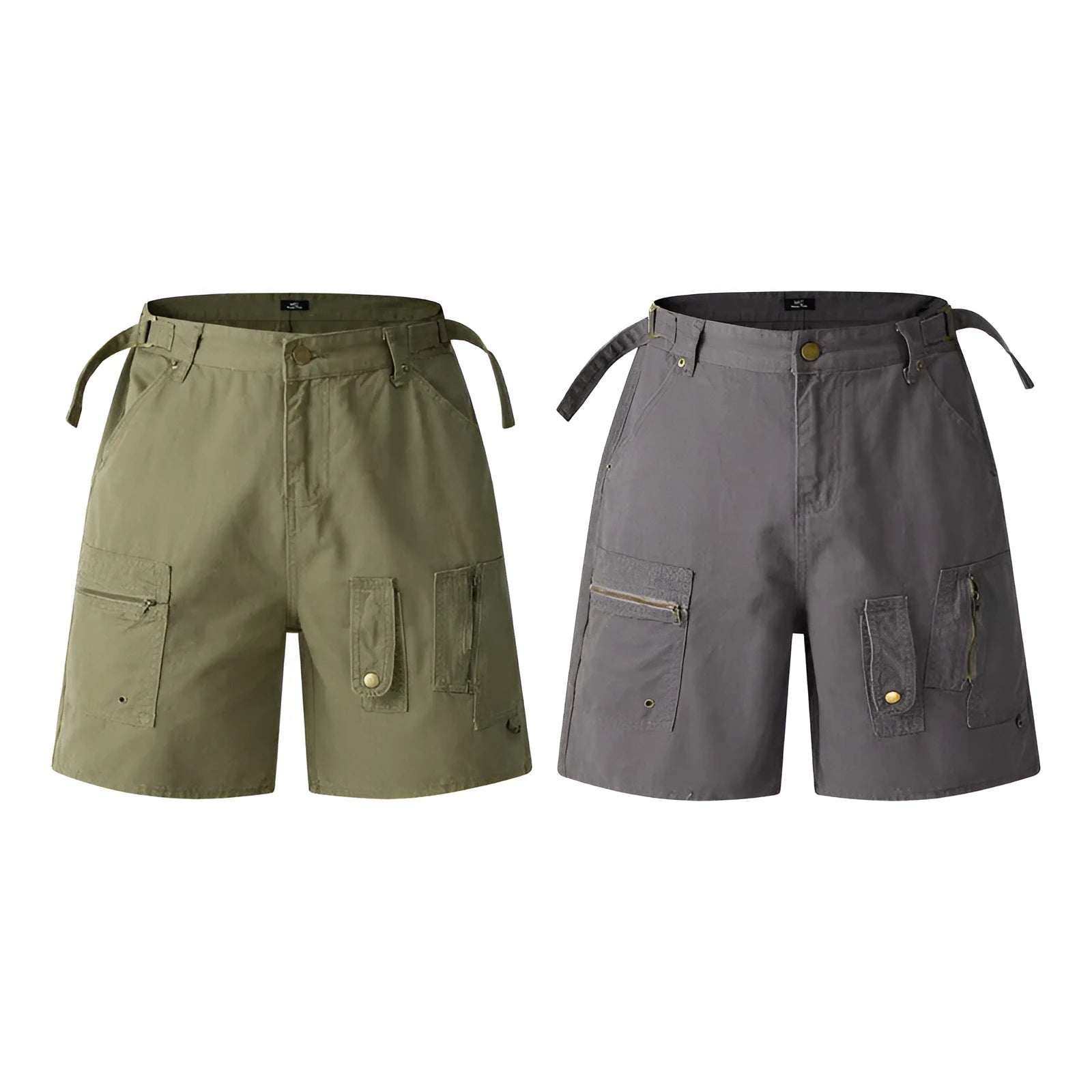 Retro loose-fit workwear shorts in washed cotton cloth, shown in gray colour