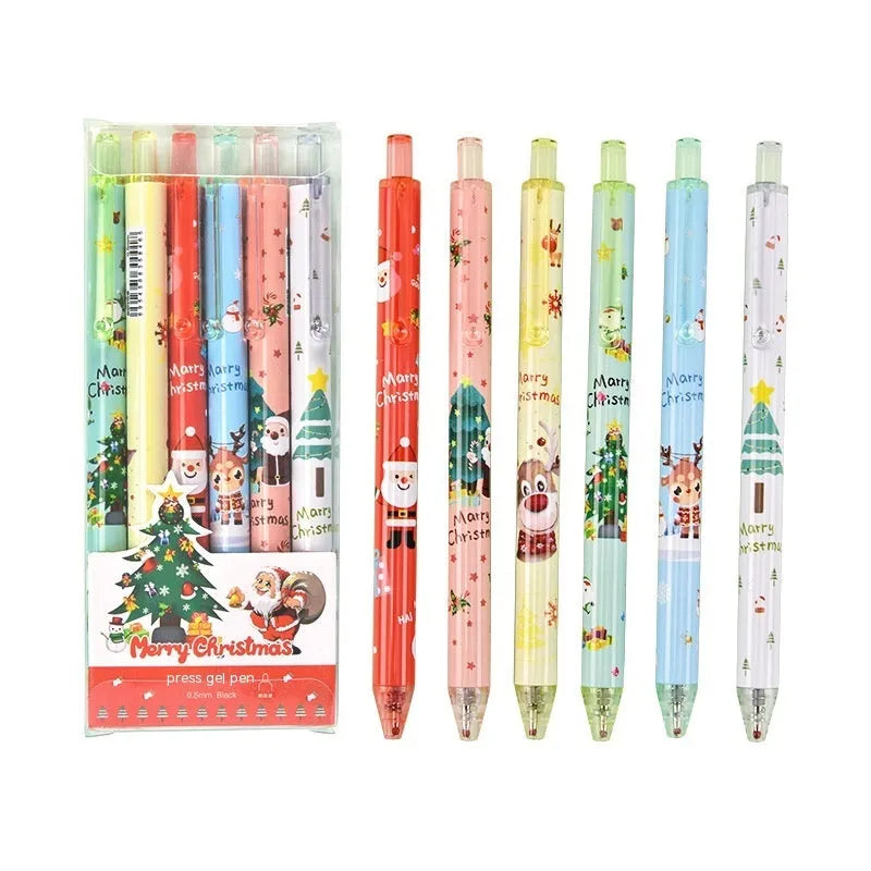 Set of six colourful cartoon-design press gel pens with black refills on a white background.