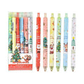 Set of six colourful cartoon-design press gel pens with black refills on a white background.