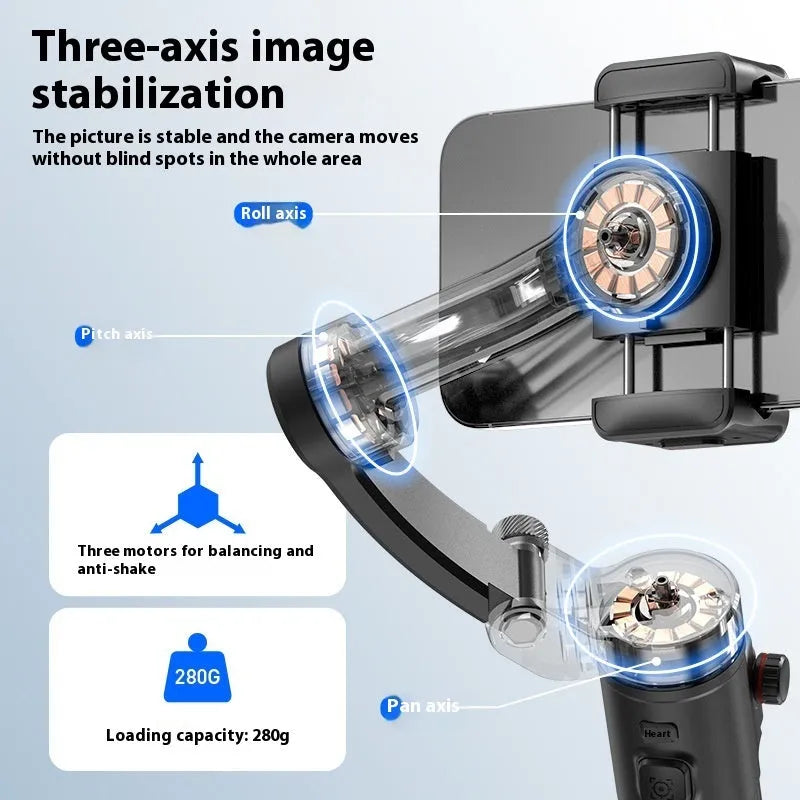 Intelligent AI three-axis head stabiliser tripod with AI tracking and light module in black, mounted on tripod