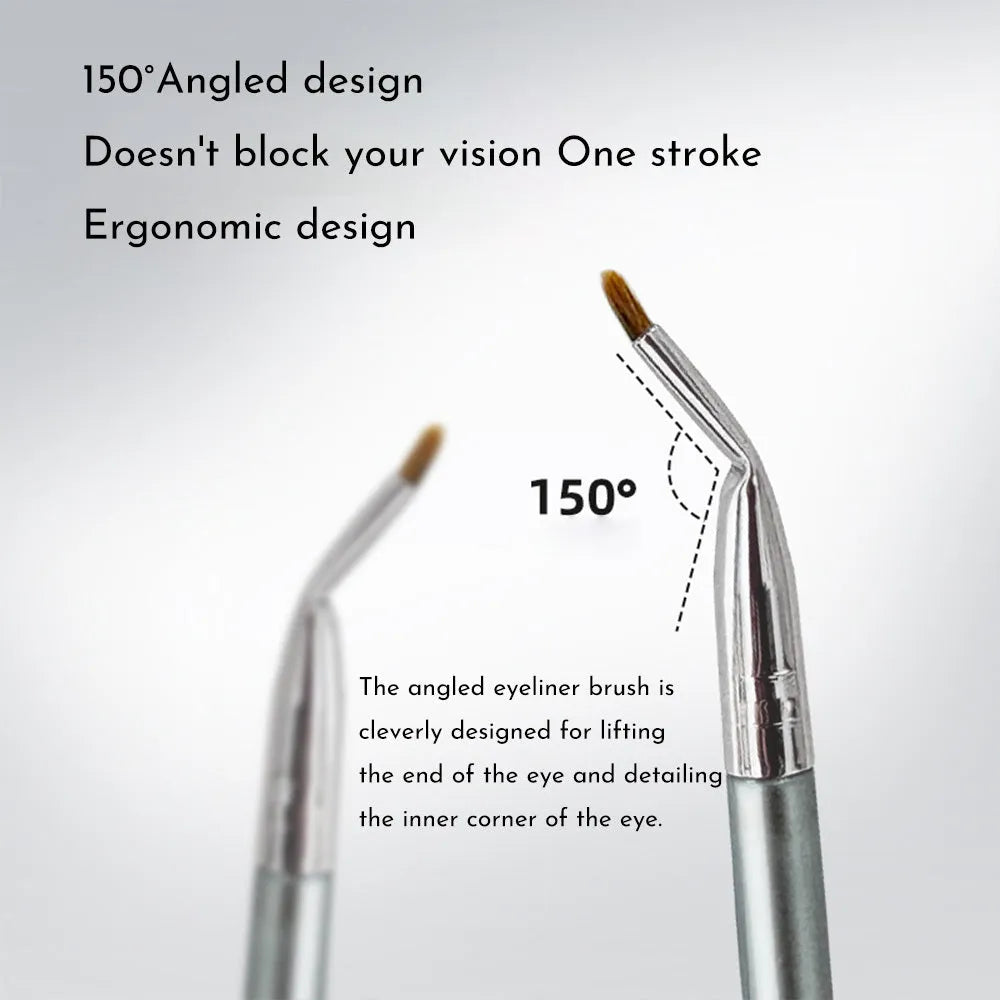 Angled bend head eyeliner makeup brush for precise under eye and tear trough application.