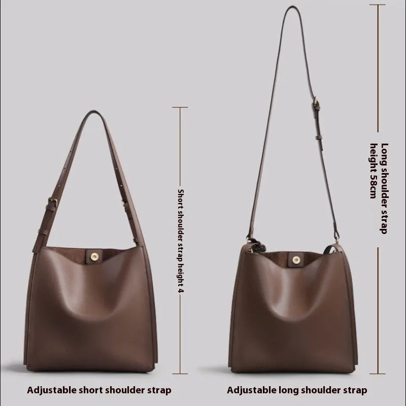 Brown genuine leather women's bucket bag with double shoulder straps and slit pocket
