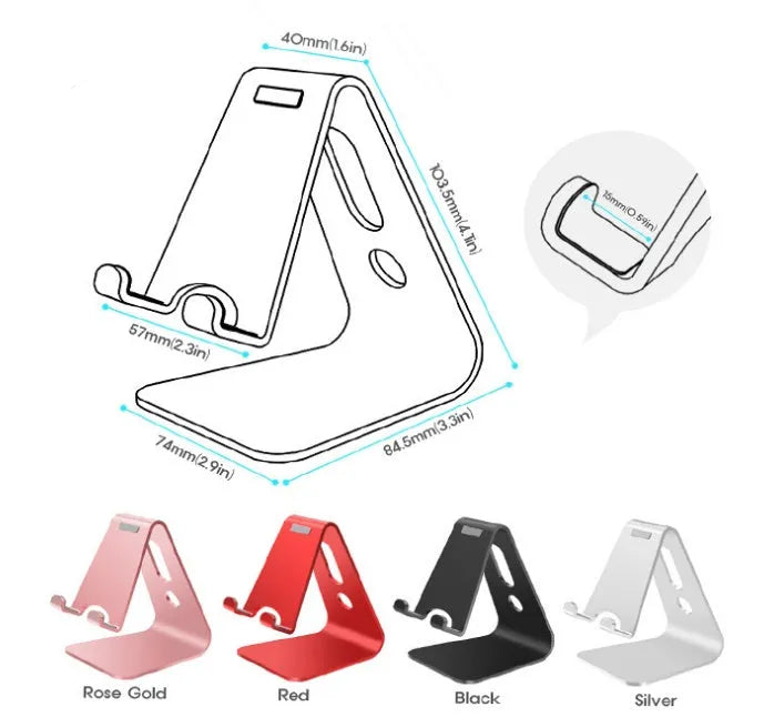 Aluminium universal phone and tablet stand in black, red, rose gold, and silver colour options.