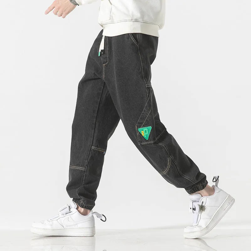 Men's loose-fit tapered cotton trousers in black, blue, or grey colours