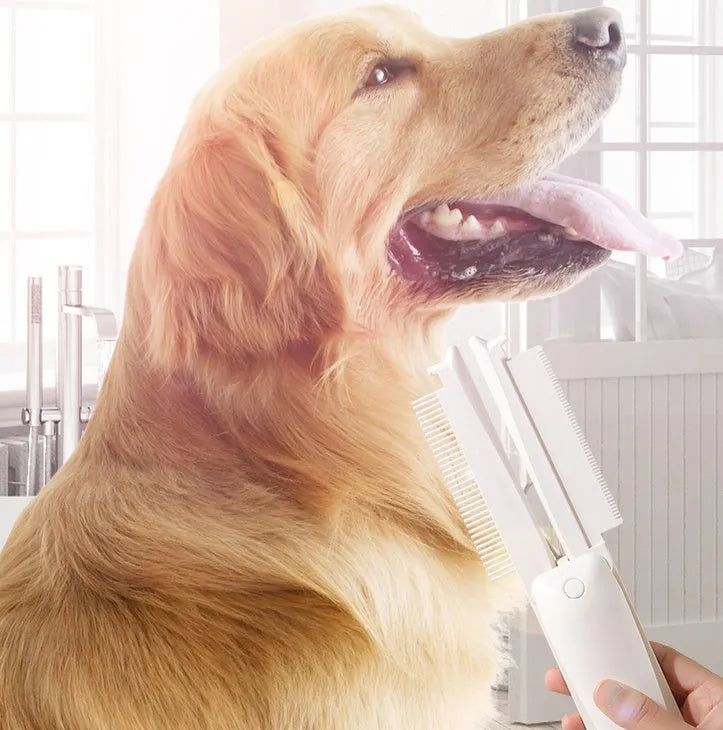 Pink and white ABS plastic pet grooming brush for dogs and cats with a hair collection grid