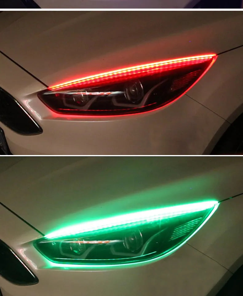 Universal RGB colour-changing LED daytime running light strip with remote control in 30cm, 45cm, and 60cm lengths.