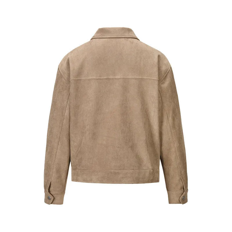 Thickened slim-fit zipper jacket coat in camel colour shown on a model, featuring big pockets.