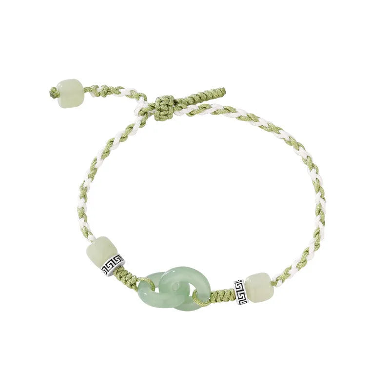 Green jade buckle copper bracelet with double ring strap ethnic design for women