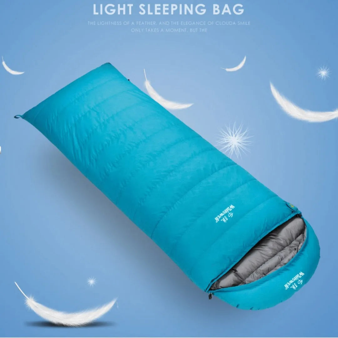 Black outdoor sleeping bag with envelope structure, filled with white goose down.