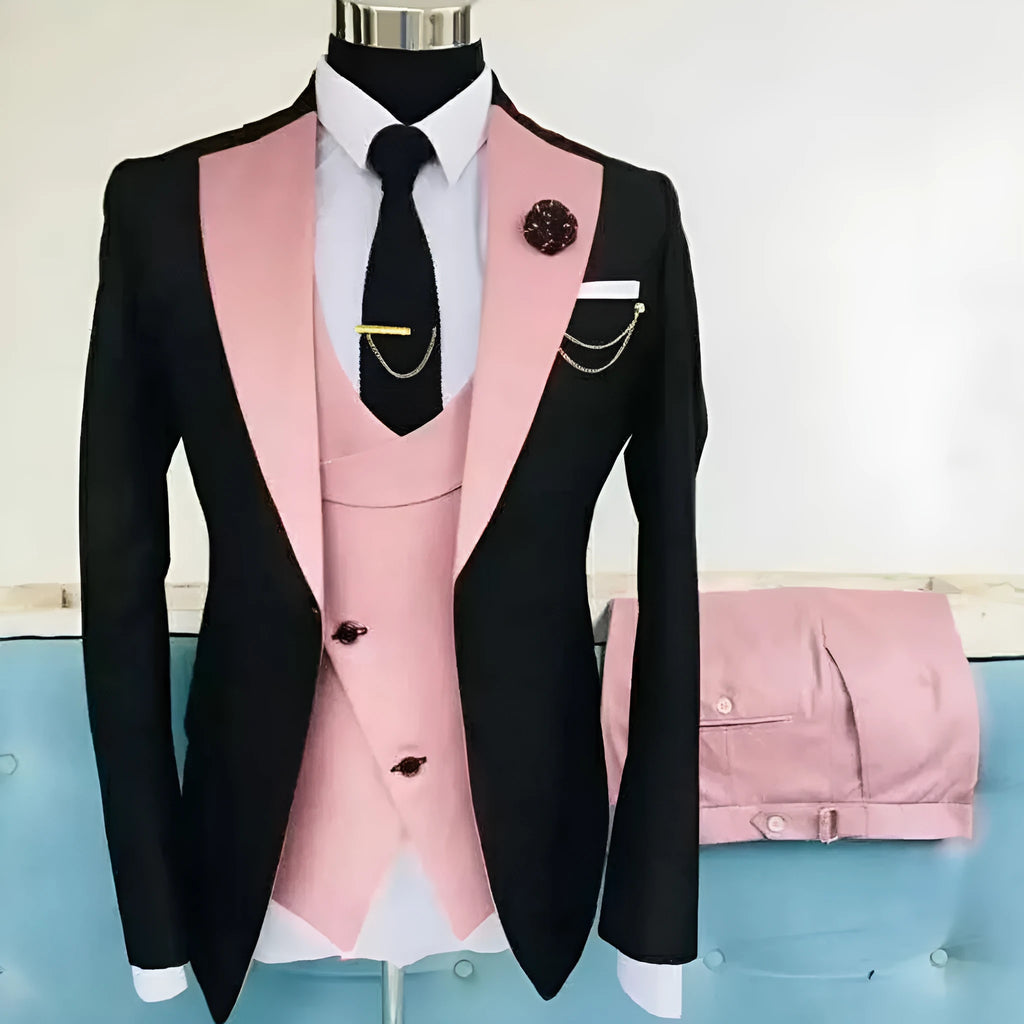 Men's slim fit cotton business suit set in black and wine red, featuring a coat, waistcoat, and trousers.