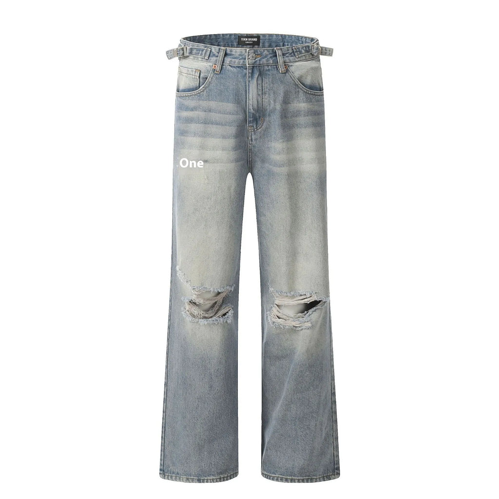 Man wearing blue retro-style distressed straight-leg cotton blend jeans.