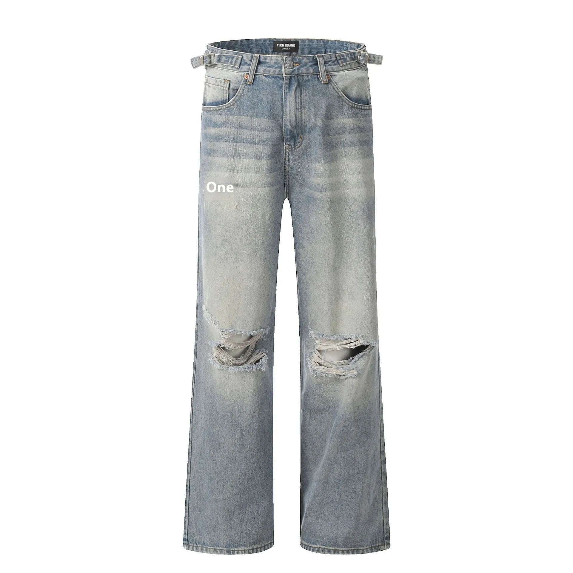 Man wearing blue retro-style distressed straight-leg cotton blend jeans.