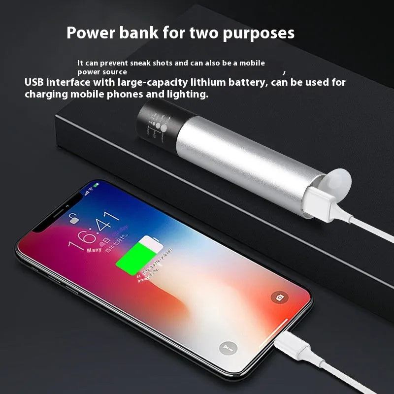 Black or silver aluminium red light therapy mosquito repellent lamp with charging cable.