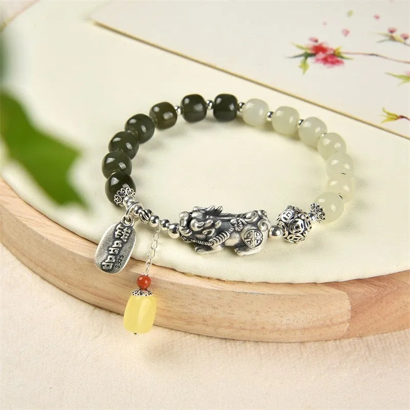 Pure silver coin bracelet with natural Hetian jade stones in retro women's design