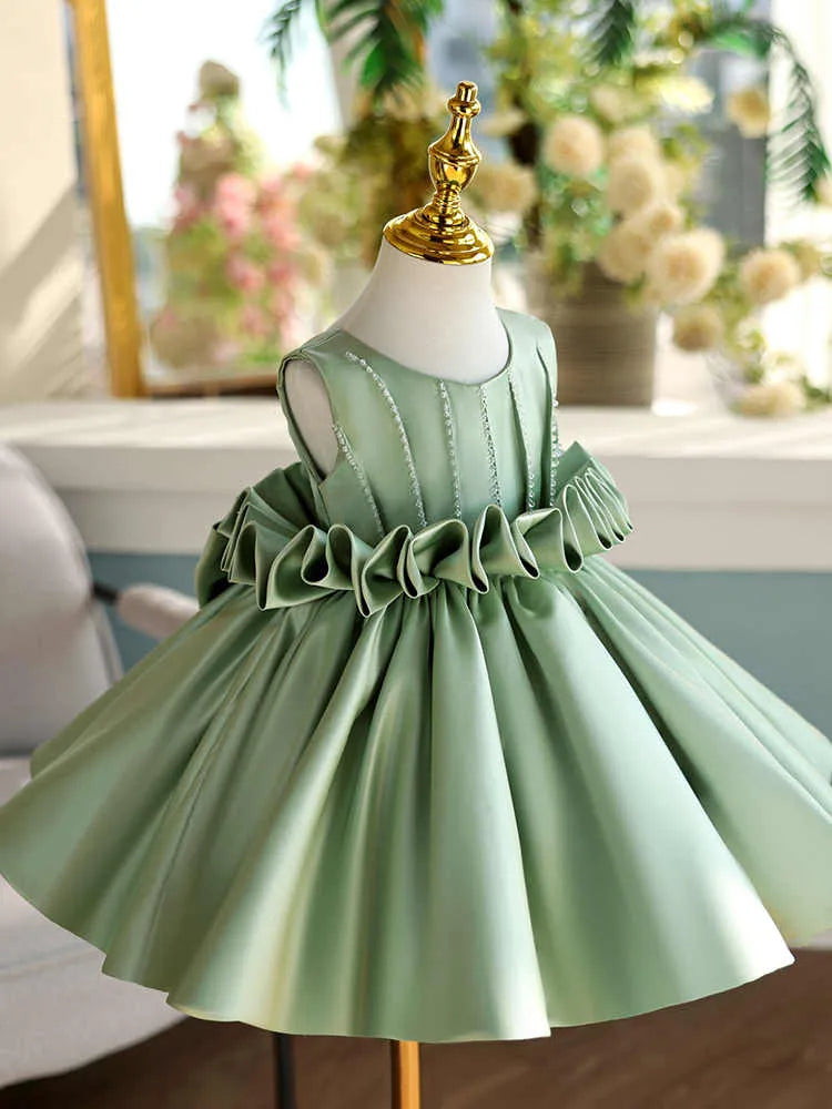 Girls' satin slim fit sleeveless party dress in Fruit Green colour for birthday events