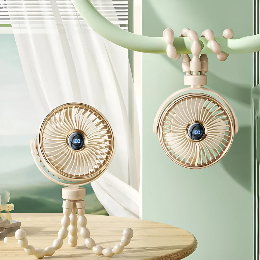 Mini octopus clip-on portable stroller fan in beige, attached to a pram handle.