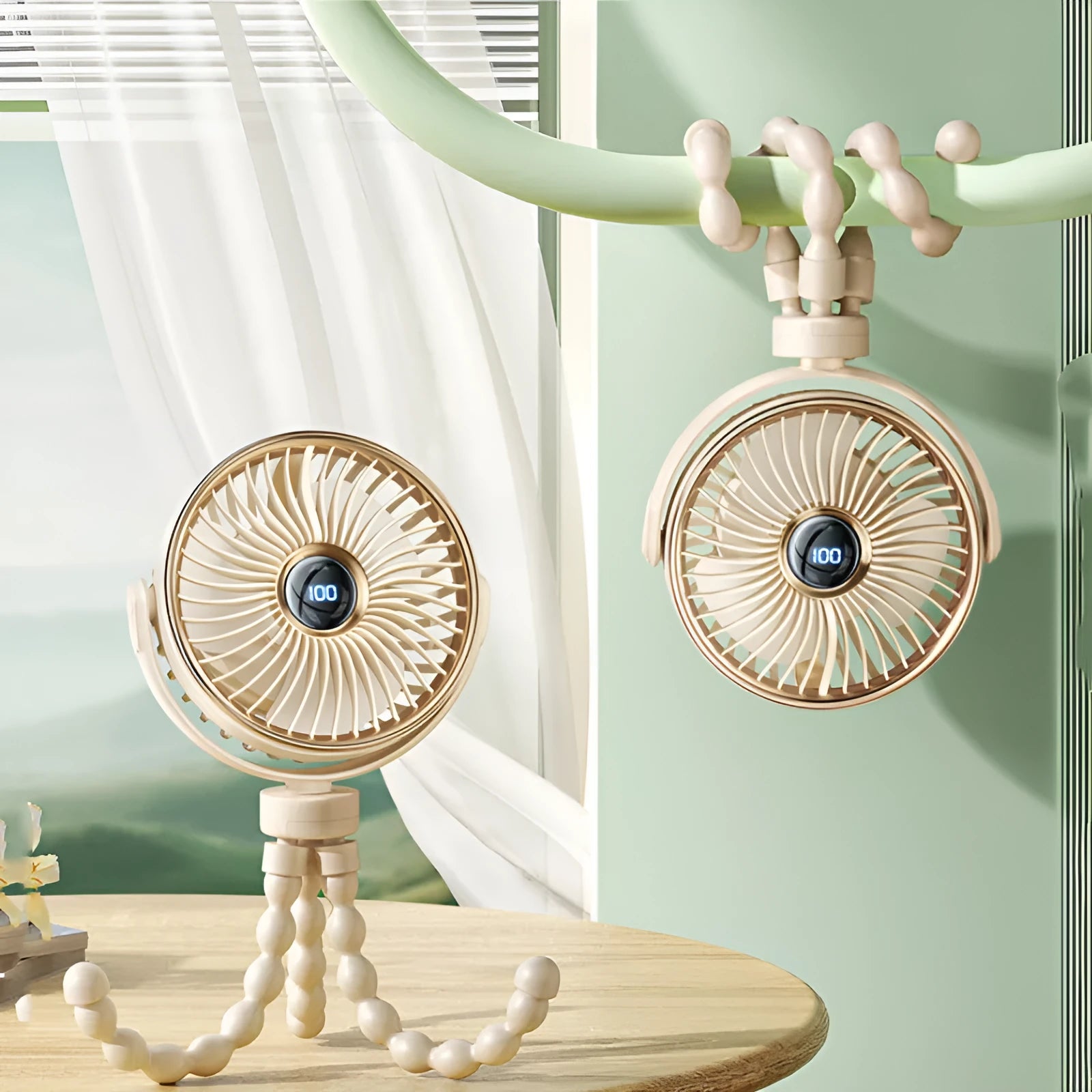 Mini octopus clip-on portable stroller fan in beige, attached to a pram handle.