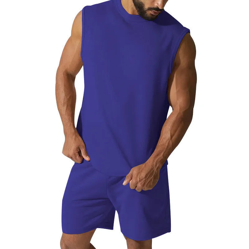 Men's sleeveless cotton blend sports suit set in multiple colour options with matching shorts