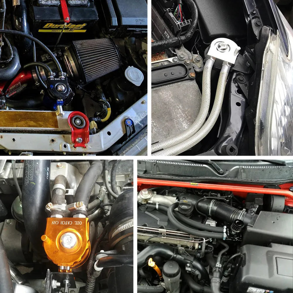 Aluminium alloy engine oil breather pot with air filter in choice of black, blue, red, or silver.