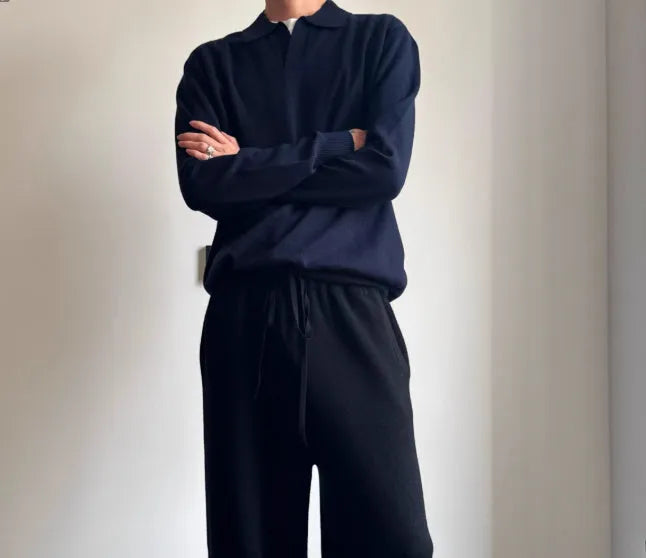 Pure wool loose fit lapel collar polo sweater in milky white or navy blue.