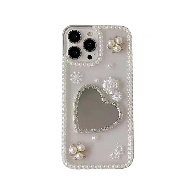Handmade pearl heart mirror TPU phone case for Apple iPhone 12 13 14 15 with love heart pattern