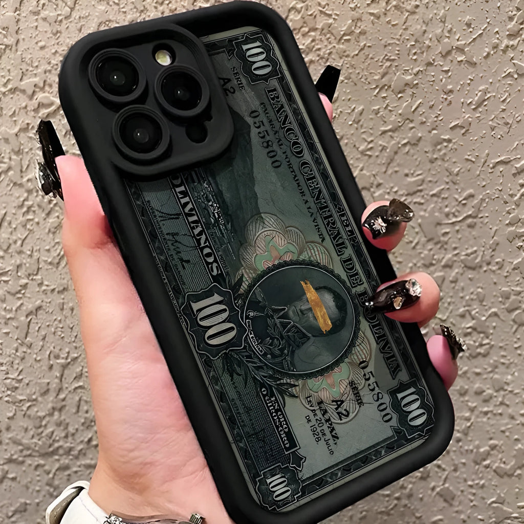 Black silicone phone case with dollar bill illustration for Apple iPhone, airbag anti-fall corners